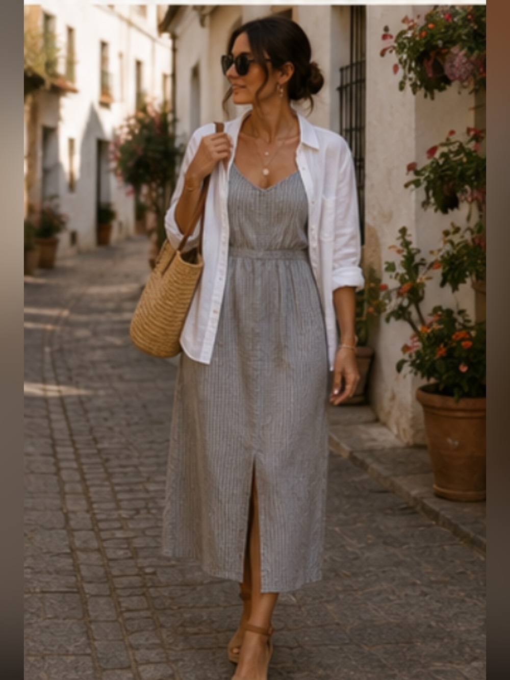 The J Peterman company grey striped cotton tank midi dress size 10